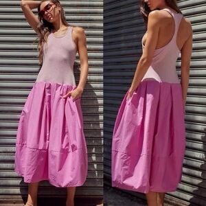 Free People Pink Ribbed Tank & Bubble Midi Dress